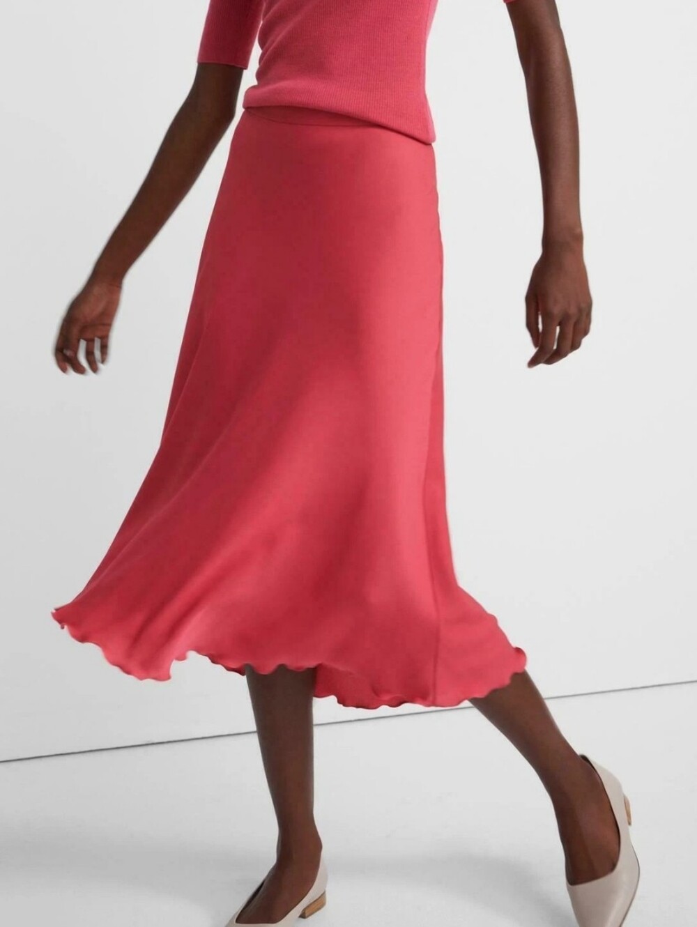 Theory Ruffled Slip Midi Watermelon Coral Skirt Womens Size 4 - Picture 2 of 7